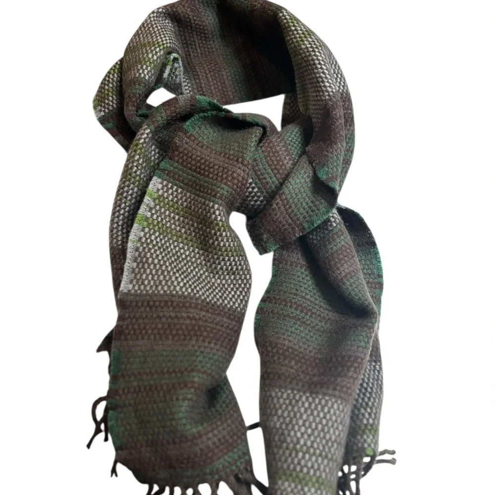 Banana Republic Wool Blend Scarf Green Brown & Cream Long Fringed Winter Scarf
